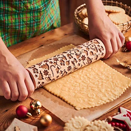 Yeglg Präge-Teigrolle aus Holz, geprägt, mit weihnachtlichen Schneeflocken und Hirsch-Muster, Geschenkidee die Küche, zum Backen von Gebäck, Kuchen, Keksen, Fondant, Gebäck, von Yeglg