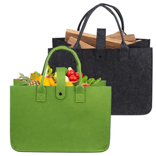 2 XXL Leinkaufskorbe & -Taschen 1 Grau und 1 Grün Einkaufskorb Personalisiert Lieblingskorb Alternative Filztasche Shopper Filzbox Shopping Sack für Kaminholz Klappkorb mit Henkel Auto Kofferraum von Yegookay