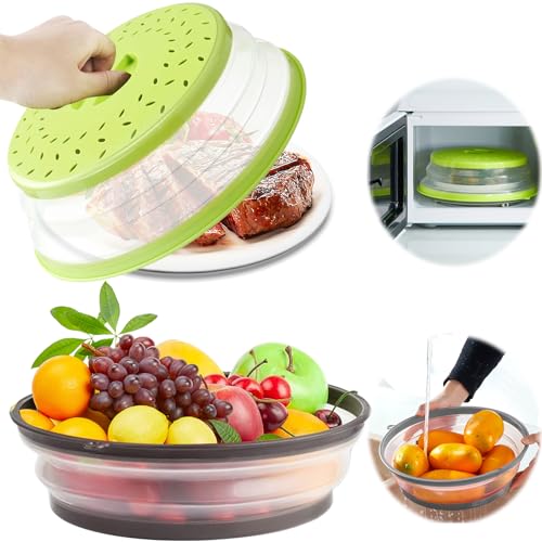 2er Mikrowellen Abdeckung 3-in-1 Microwellenabdeckungen Mikrowellenhaube (27cm) Mikrowellendeckel Abdeckhaube Mikrowelle Spritzschutz Dampfsieb Faltbares Sieb Kitchen Storage(Grau+Grün) von Yegookay