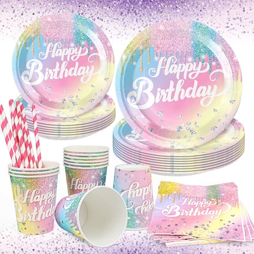 Yegookay Geburtstagsteller Partygeschirr Set 60 Pappteller Pastell Geburtstag Einschulung Tortendeko Regenbogen Deko Doğum Günü Konsepti Princess Tea Party Mädchen Pappgeschirr Kindergeburtstag von Yegookay