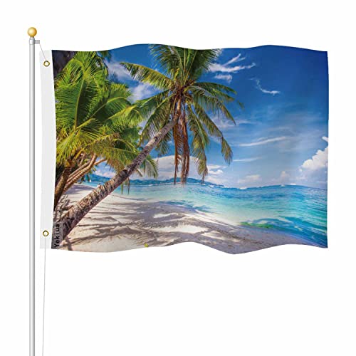 Yekiua Strand-Szenen-Flagge, 7,6 x 12,7 cm, Palme auf weißem Sand, Sommer, Naturblau, Himmel, UV-beständig, lebendige Farben – Leinwandkopf, doppelt genähte Flagge mit Messingösen von Yekiua