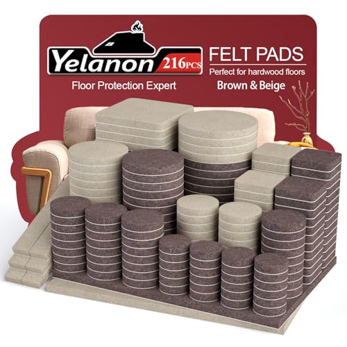 Yelanon Filzgleiter selbstklebend 216 Stück, Schneidbarer Filz für,Kratzfeste Möbelgleiter für Stühlemöbelgleiter,Möbelgleiter,Chair Leg Floor Protectors, beige und braun von Yelanon
