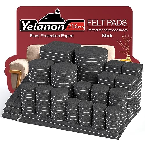 Yelanon Möbelgleiter 216 Stück filzgleiter selbstklebend, Filz für stühle, kratzfester Bodenschutz für Möbelfüße, Chair Leg Floor Protectors, Schwarz von Yelanon
