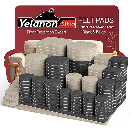 Yelanon Möbelgleiter 216 Stück filzgleiter selbstklebend, Filz für stühle, kratzfester Bodenschutz für Möbelfüße, Chair Leg Floor Protectors, beige und schwarz von Yelanon