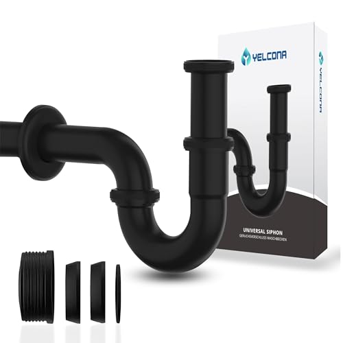 Yelcona Universal Siphon für Waschbecken & Waschtisch - Abflussgarnitur passgenau - Geruchsverschluss inkl. Gummimanschette + Röhrensiphon Ablaufgarnitur (Schwarz Standard 85mm) von Yelcona