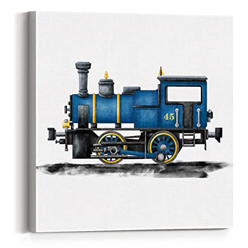 YeleY Aquarell-Zug-Druck, Dampflokomotive, Gemälde, Leinwand, Wandkunst, 30.5x30.5 cm, Transportlokomotive, Poster, Kinderzimmer, Kunstwerk, Zuhause, Spielzimmerdekoration (blau) von YeleY