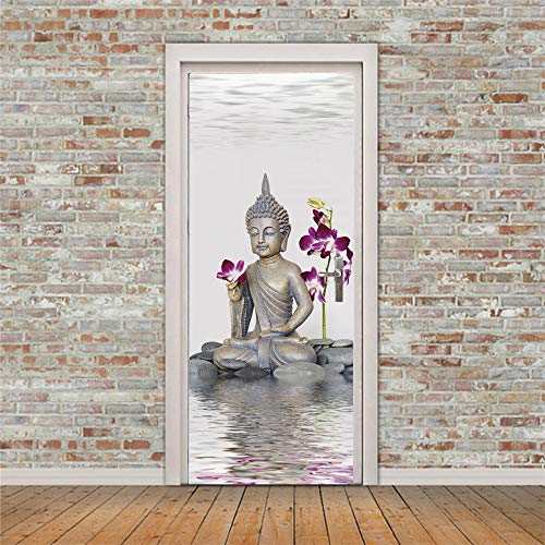 Yelilad Türtapete Selbstklebend TürPoster Türaufkleber 3D Wohnzimmer Schlafzimmer Badezimmer Wasserdicht Abnehmbare Professionelle Vinyl Upgrade, Buddha Statue Lila Blume Frieden 90x200 cm von Yelilad