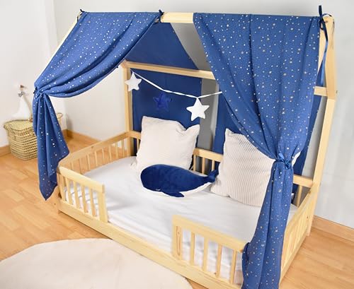 YellowNest Hausbett Himmel (2er Pack) - 100% Baumwolle - Betthimmel Hausbett aus Musselin (2er Pack) - Himmelbett Vorhänge für 70x140 cm (Marineblau Wimpelkette Stern, 62 x 270 (2er-Set)) von YellowNest