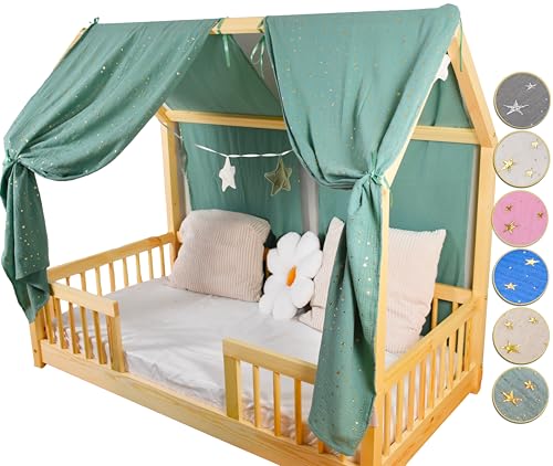YellowNest Hausbett Himmel (2er Pack) - 100% Baumwolle - Betthimmel Hausbett aus Musselin (2er Pack) - Himmelbett Vorhänge für Bett 70x140 cm (Eucalyptus Wimpelkette Stern, 62 x 270 (2er-Set)) von YellowNest