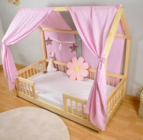 YellowNest Hausbett Himmel (2er Pack) - 100% Baumwolle - Betthimmel Hausbett aus Musselin (2er Pack) - Himmelbett Vorhänge für Bett 70x140 cm (Rose, 62 x 270 (2er-Set)) von YellowNest