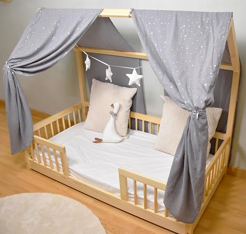 YellowNest Hausbett Himmel (2er Pack) - 100% Baumwolle - Betthimmel Hausbett aus Musselin (2er Pack) - Himmelbett Vorhänge für Bett 80x160 & 90x190 & 140x200 cm (Grau, 130 x 320 (2er-Set)) von YellowNest