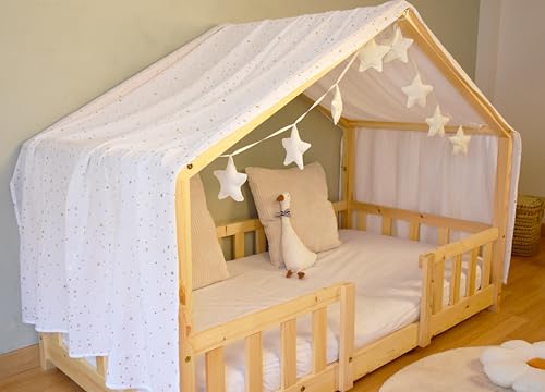 YellowNest Hausbett Himmel - 100% Baumwolle - Betthimmel Hausbett aus Musselin für Bett 70x140 cm & 80x160 cm - Mit Wimpelkette Kinderzimmer Stern (Weiß Wimpelkette Stern, 130 x 320 cm) von YellowNest