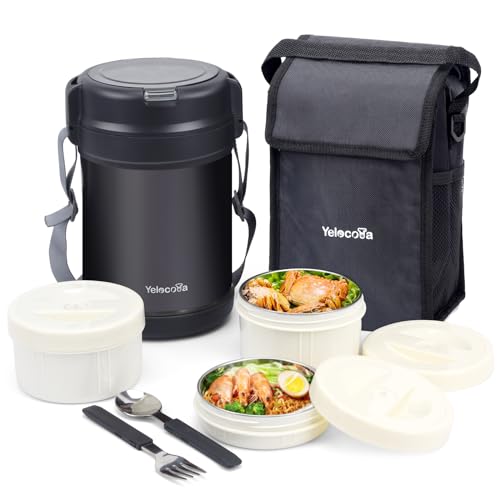 Thermos Lebensmittelbehälter, 1,9 l, breiter Öffnung, isolierter Suppenbehälter, 18/10 Edelstahl, Mittagessen-Thermoskanne für heiße Speisen mit 3 Ebenen, auslaufsicher, stapelbar, Thermo-Lunchbox, von Yelocota