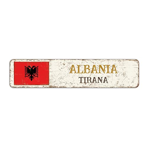 Albanien Straßenschild, Vintage Retro Tirana Stadtschild, Albanien Land Metallschild für Innen- und Außenwanddekoration, 10 x 45 cm von Yelolyio