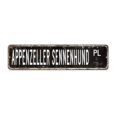 Appenzeller Sennenhund Blechschild Vintage Tiere Schild Appenzeller Sennenhund Straßenschild Retro Wandkunst Shabby Chic Wandhänger 15 x 60 cm von Yelolyio