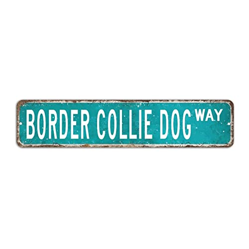 Border Collie Hund Metallschild, Vintage Tiere Schild, Border Collie Hund Straßenschild Retro Wandkunst Shabby Chic Wandaufhänger, 10 x 45 cm von Yelolyio
