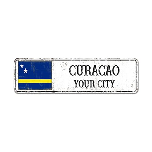 Curacao Flagge Vintage Schild Curacao Stadt Souvenir Schild Belgrade Custom City Name Metall Blechschild Land Souvenir Metallschild Bauernhaus Dekor für Veranda 8 × 30 cm von Yelolyio