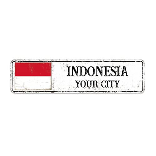 Indonesien Straßenschild Indonesien Flagge Stadtschild, individuelles Stadtnamensschild, Vintage Landstadt Souvenir für Landstraße Wanddekoration 15 x 60 cm von Yelolyio