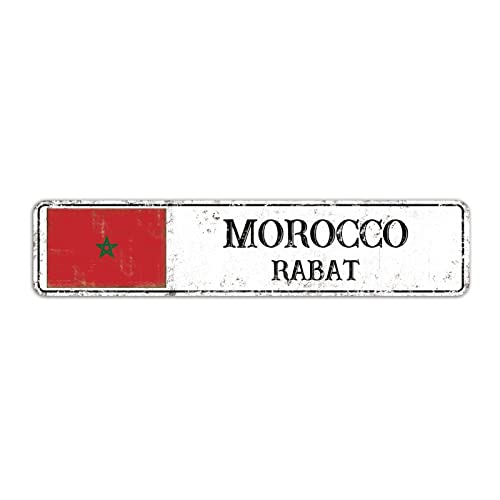 Marokko Straßenschild, Vintage Retro Marokko Stadtschild, Marokko Land Metallschild für Innen- und Außenwanddekoration, 10 x 45 cm von Yelolyio