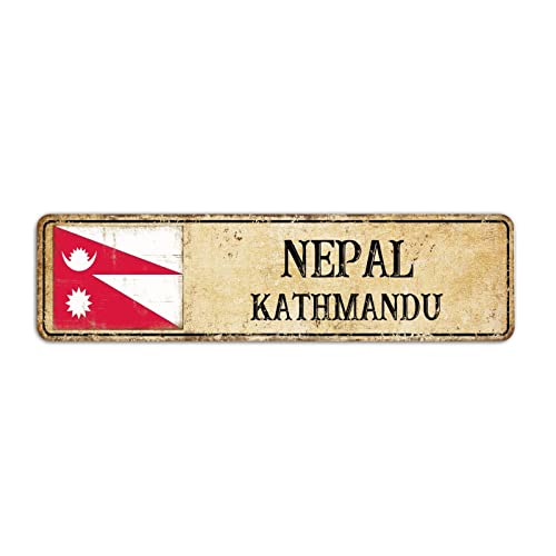 Nepal Straßenschild Kathmandu Stadtschild, Nepal Flagge Schild, Vintage Land Hauptstadt Stadt Souvenir für Landstraße Wanddekoration 8 x 30 cm von Yelolyio