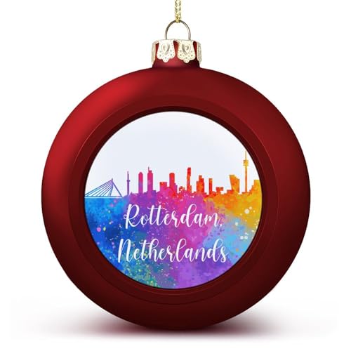 Niederlande Rotterdam Regenbogen Skyline Ball Ornament Stadt Wolkenkratzer Gebäude Silhouetten Hängende Ornamente Andenken Souvenir Weihnachtsbaum Saisonale Feiertagsdekoration von Yelolyio