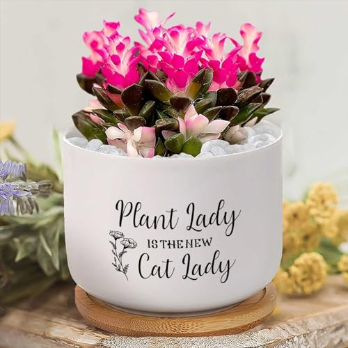 Plant Lady Is The New Cat Lady Keramik-Pflanzgefäß, inspirierender Pflanztopf für den Innenbereich, mit Ablauflöchern und Untersetzern, Orchideentopf für Garten, Heimdekoration von Yelolyio