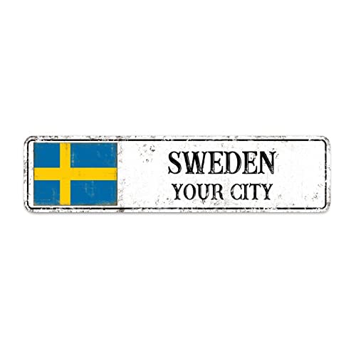 Schweden Straßenschild Schweden Flagge Stadtschild, individuelles Stadtnamensschild, Vintage Land Stadt Souvenir für Landstraße Wanddekoration 15 x 60 cm von Yelolyio