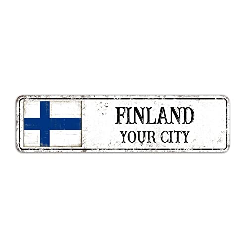 Willkommen Finnland Schild, Custom Your City Straßenschild, Retro Finnland Flagge Aluminiumschild, Finnland Vintage Metallschild Wanddekoration, 8 x 30 cm von Yelolyio