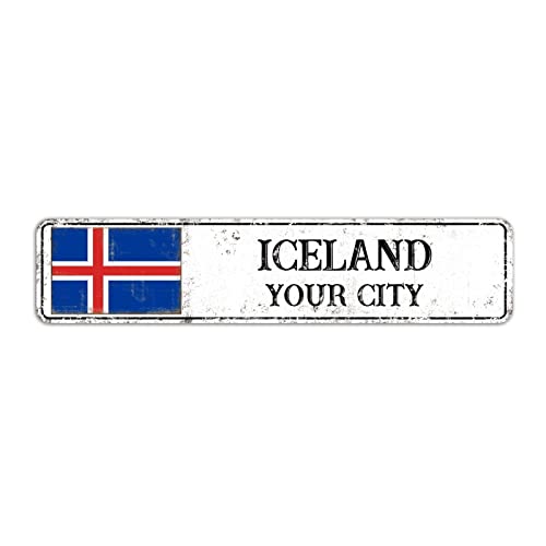 Willkommen Island Schild, Custom Your City Straßenschild Retro Island Flagge Aluminium Schild, Island Vintage Metallschild Wanddekoration, 10 x 45 cm von Yelolyio