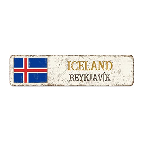 Willkommen ReykjavíK Schild, Island ReykjavíK Stadt Straßenschild, Retro Island Aluminiumschild, Hauptstadt Stadt Vintage Metallschild Wanddekoration, 15 x 60 cm von Yelolyio