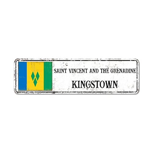 Willkommen Saint Vincent und die Grenadine Schild, Kingstown City Straßenschild, Retro St. Vincent und die Grenadine Nationalflagge Aluminiumschild, Hauptstadt Stadt Vintage Metallschild von Yelolyio