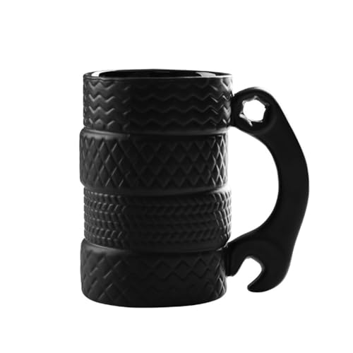 Yelschwa 3D Cool Black Reifen Reifen Form Schraubenschlüssel Reifen Tasse Mattierte Keramik Tasse Große Kaffee Tee Tasse Einzigartige Geschenke Auto Fans (Schraubenreifenbecher) von Yelschwa
