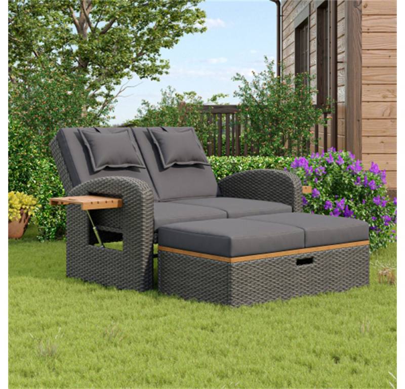 Yemaster Doppelliege Garten-Lounge-Sessel-Set aus grauem Rattan für 2 Personen, verstellbare Rückenlehne (3 Stufen), mit Stauraum im Fußhocker, wetterfest, inkl. abnehmbarer Sitz- und Rückenkissen, Outdoor-Sofa und Fußhocker von Yemaster