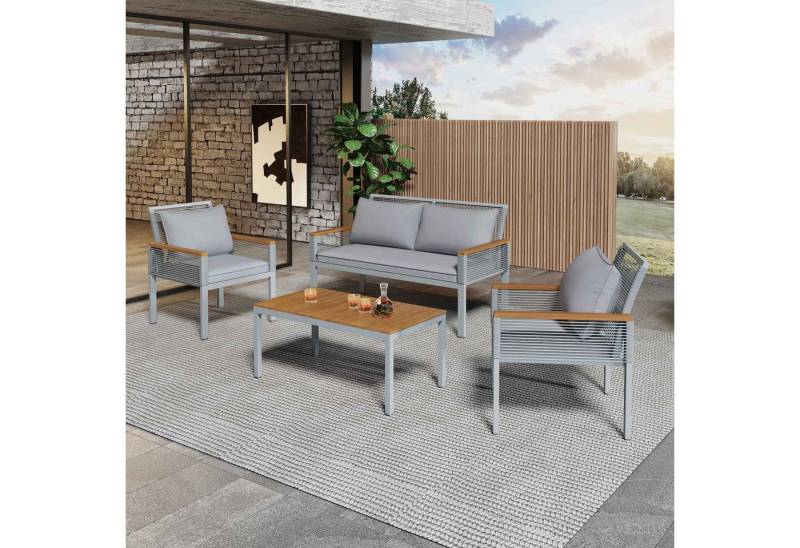 Yemaster Gartenlounge-Set Gartenlounge-Set 4-teilig in Grau, Doppelsofa, 2 Sessel, (Tisch mit Akazienholzplatte, wetterfestes Polyrattan auf verzinktem Stahlrahmen, UV-beständig & robust, ideal für Balkon, Terrasse & Garten, inkl. Kissen & einfacher Montage) von Yemaster