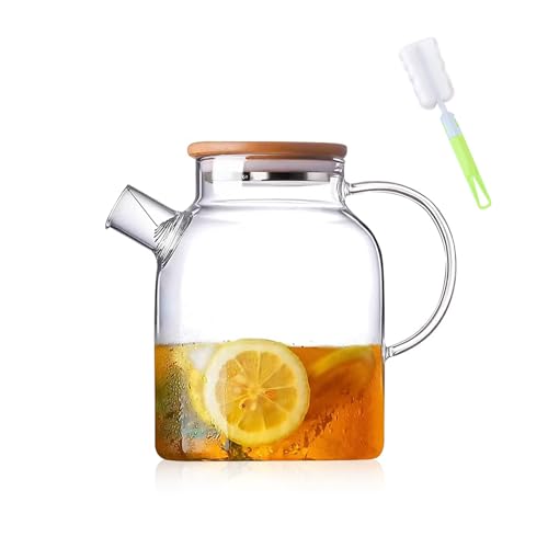 Teekanne Glas,Glasteekanne mit Holzdeckel Teekanne mit Siebeinsatz Hochborosilikat Teekanne für Tee, Blumentee und Saft (1.8L) von Yemmert
