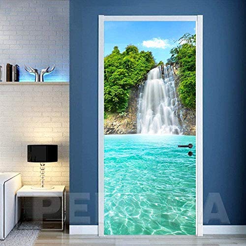 3D Verschönern Türaufkleber Tür Tapete -Wasserfall Baumlandschaft Türtapete Selbstklebend TürPoster - Fototapete Türfolie Poster Tapete Meer Aufkleber DIY Selbstklebende Wandbild-2Stück,38.5x200cm von Yenisai