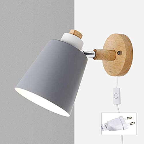 Wandstrahler Mit Kabel Für Steckdose Wandlampe E27 Holz Wandleuchte Mit Schalter LED Deko Wandbeleuchtung Für Schlafzimmer Treppenhaus Hotel Loft -Grau von Yenisai