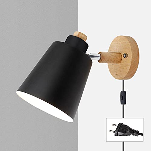 Wandstrahler Mit Kabel Für Steckdose Wandlampe E27 Holz Wandleuchte Mit Schalter LED Deko Wandbeleuchtung Für Schlafzimmer Treppenhaus Hotel Loft -Schwarz von Yenisai