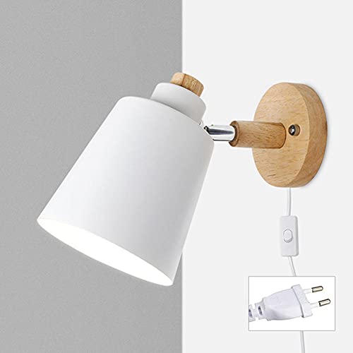 Wandstrahler Mit Kabel Für Steckdose Wandlampe E27 Holz Wandleuchte Mit Schalter LED Deko Wandbeleuchtung Für Schlafzimmer Treppenhaus Hotel Loft -Weiß von Yenisai