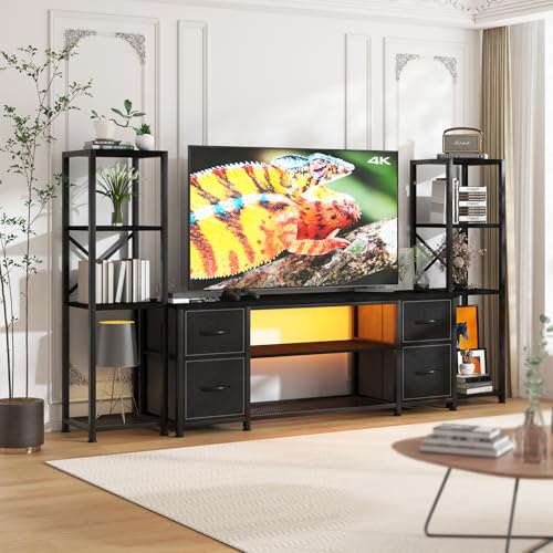 Yenlure LED-TV-Ständer 55 Zoll für Wohnzimmer mit Ladestation Schubladen Entertainment Center mit 2 industriellen Bücherregalen Moderner Konsolenschrank mit Stauraum Schwarz von Yenlure