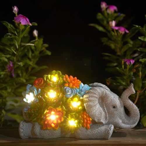 Elefant Deko mit Solarlampen Gartenfiguren Gartendeko für Draußen: Elefanten mit Sukkulenten Solar Lichterkette Afrika Deko Wohnzimmer Garten Geschenke für Mama Frauen Männer Balkon Deko von Yeomoo