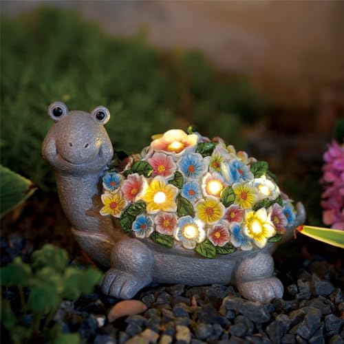 Schildkröte Gartenfiguren mit Blumen Solarlampen Gartendeko für Außen: Schildkröt Deko für Draußen Wohnzimmer mit Solar Lichterkette Personalisierte Geschenke für Frauen Männer Balkon Terrasse Deko von Yeomoo