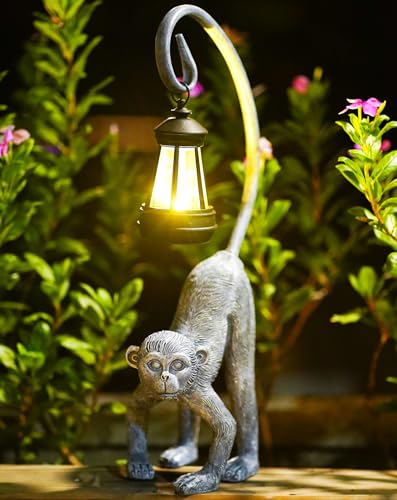 Yeomoo Affen Gartenfiguren Deko mit Solarlampen für Außen Gartendeko: AFFE Figuren mit Solar Lichterkette Deko Wohnzimmer Wasserdicht Garten Deko Geschenke für Männer Frauen Balkon Terrasse Deko Grau von Yeomoo