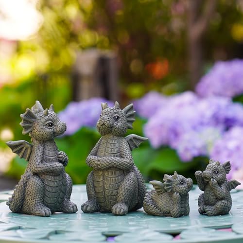 Yeomoo Drachen Familie mit Kinder Figuren Gartendeko für Draußen: Lustige Drachen Gartenfiguren Geschenke für Frauen Mama Geburtstag Deko für Wohnzimmer Garten Balkon Terrasse Wetterfest Grau 4 Stück von Yeomoo