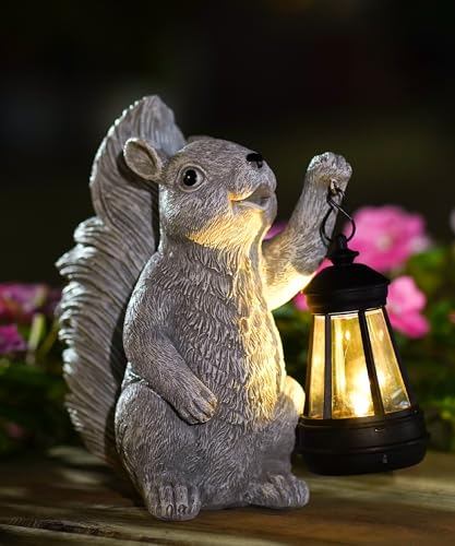 Yeomoo Eichhörnchen Figur mit Solarlampen Gartendeko für Draußen - Eichhörnchen Gartenfiguren Deko mit LED Solar Lichterkette Geschenke für Männer/Frauen/Mama Geburtstag Garten Balkon Terrassen Grau von Yeomoo