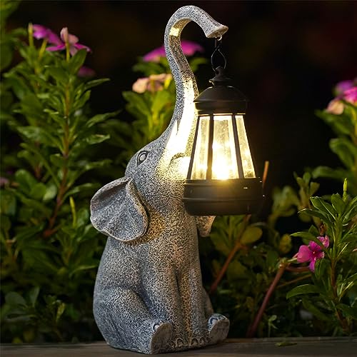 Yeomoo Elefanten Deko mit Solar Laterne Gartenfiguren - für Außen Gartendeko mit Wetterfest LED Solarlampe für Balkon Garten, Geschenke für Frauen Männer Mama Geburtstagsgeschenk Grau von Yeomoo