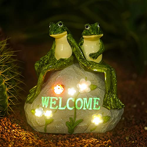 Yeomoo Frosch Liebhaber Figuren Gartendeko Solar für Draußen - Frosch Deko mit Blumen LED Lichterkette asuf einem Stein sitzend Garten Zimmer Dekoration Geschenke für Frauen/Männer Liebhaber 20.5CM von Yeomoo