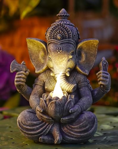 Yeomoo Ganesha Figur Buddha mit Solarlampen für Deko Wohnzimmer Schreibtisch Zubehör : Ganesha Zen Garten Buddha Figur Geschenke für männer Frauen Mama Wetterfest Zimmer Balkon Dekoration Grau 20CM von Yeomoo