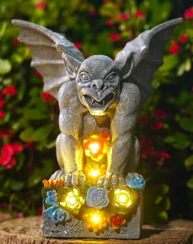 Yeomoo Gargoyles Figuren mit Solarlampen Gartendeko für Draußen: Gargoyle Figur mit Sukkulenten Solar Lichterkette Geschenke für Männer Frauen Mutter Wetterfest Balkon Deko Wohnzimmer Terrasse 22.5CM von Yeomoo