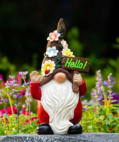 Yeomoo Gartenzwerge mit Blumen Solar Lichterkette für Außen Gartendeko: Gartenzwerg Lustig mit Hello Gartenfiguren Solar Deko Geschenke für Frauen Männer Mum Geburtstag Garten Balkon Terrasse Deko von Yeomoo